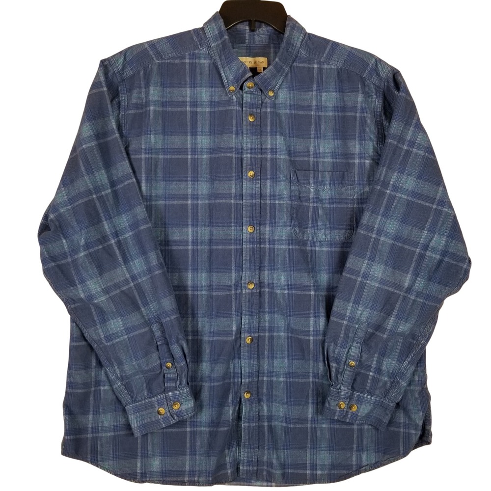 Territory Ahead Men XXL Blue Plaid Corduroy Button Down Shirt Long Sleeve Cotton